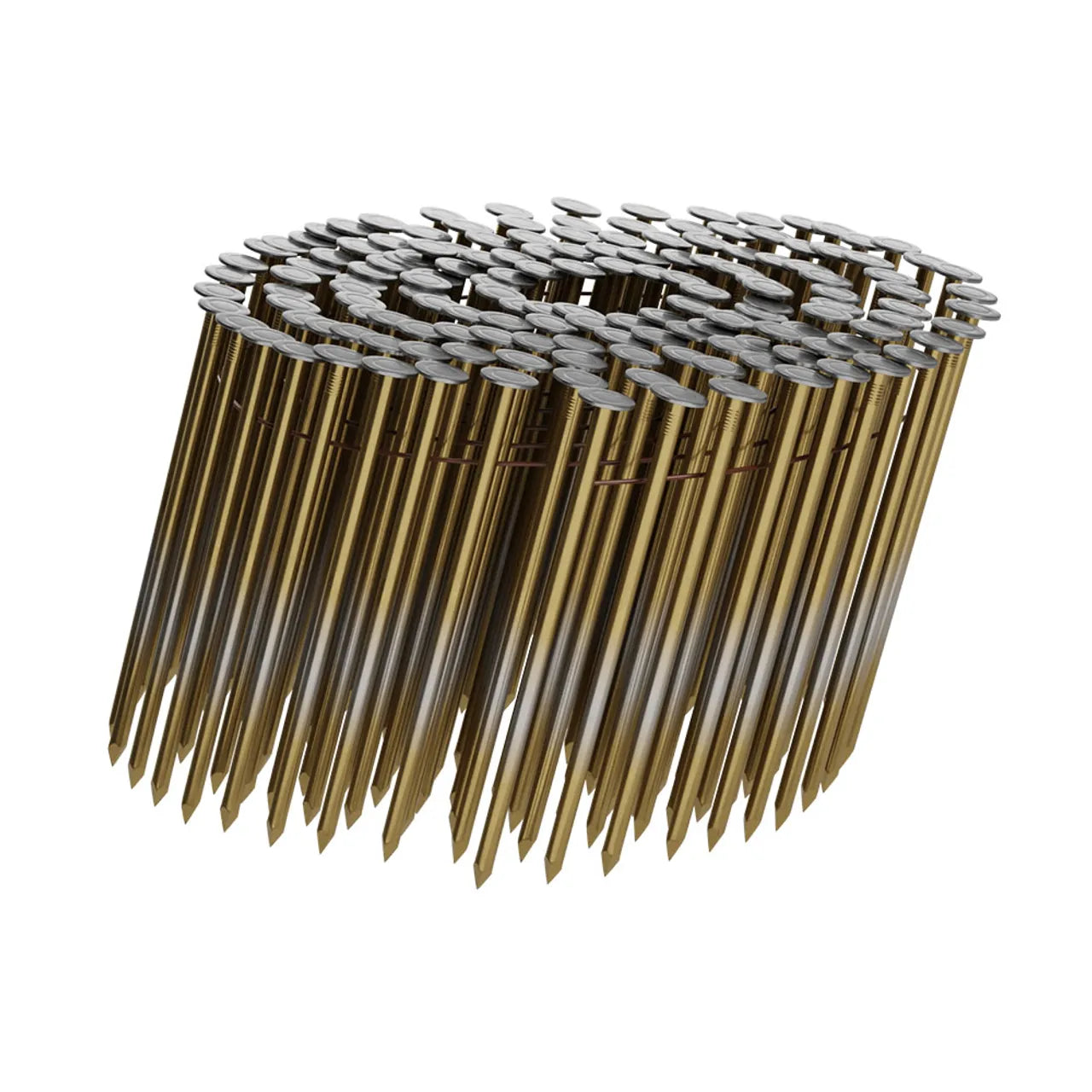 Go Build 0.120 in. x 3 in. Bright Coil Nails 15° (2700/Pack) feature round silver heads and gold shafts, arranged in a spiral coil for nail guns—ideal for interior framing. Brand: Go Build, The Fastest Way To Build.